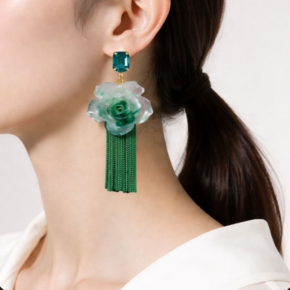 Fashion Earrings Rose with Chain Fringe Dangle Stud
